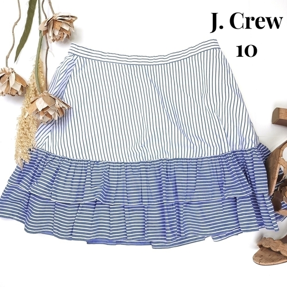 J. Crew Blue White Striped Ruffle Layer Skirt sz 10 - Picture 1 of 7